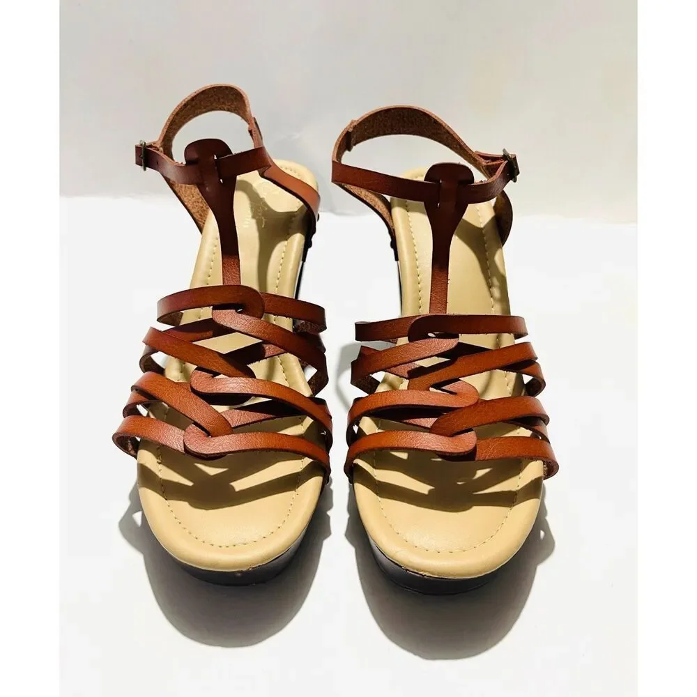 Comfort strappy sandals wedges brown Y2K platform casual summer women's 8